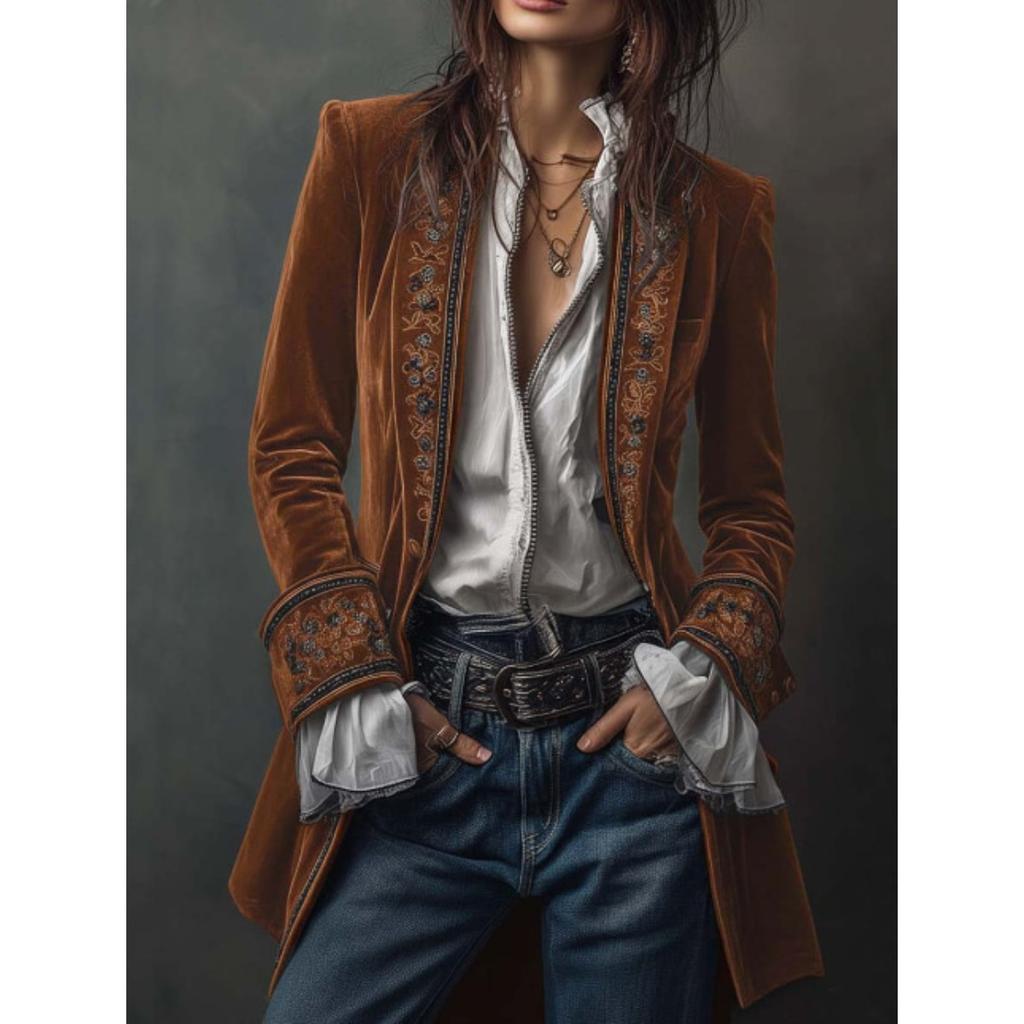 Women Embroidered Velvet Blazer Long Sleeve Open Front Cardigan Elegant Vintage Outerwear