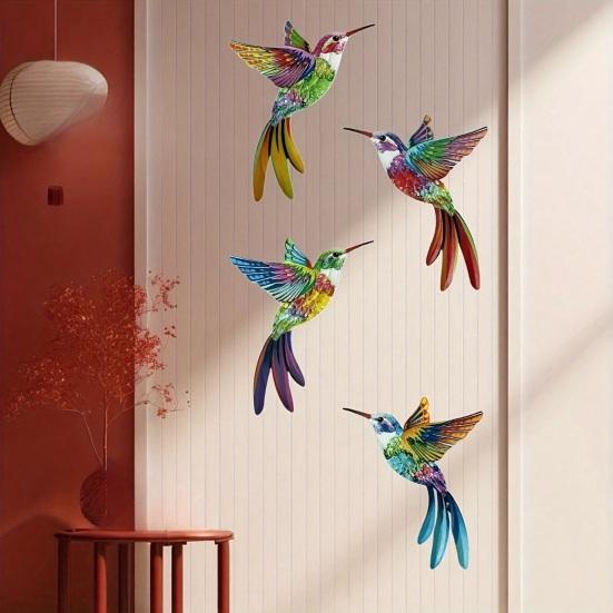 4 Pcs Acrylic Hummingbird Wall Art 2D Colorful Garden Birds Sculpture Outdoor Fence Hanging Ornaments for Garden Yard Living Room Kids Room Patio