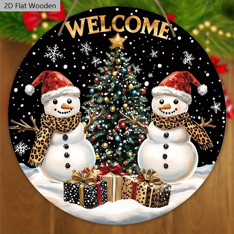 Rustikální vánoční dřevěná uvítací cedule se vzorem sněhuláka - Kulatá cedule Navidad na vchodové dveře, nástěnná dekorace - Ideální vánoční dekorace