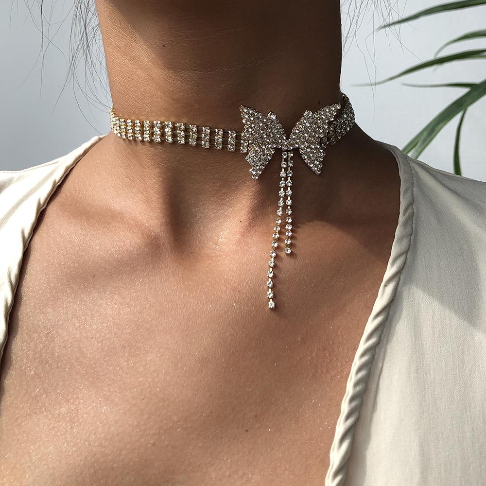 Tooxika Temperament Full Diamond Bow Short Necklace Fashion Trend Sweet Niche Choker Necklace Female