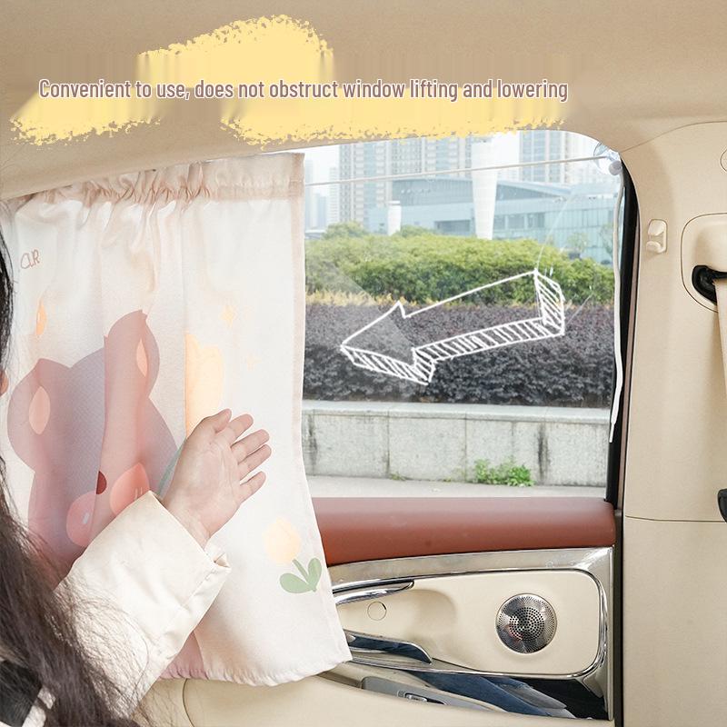 Cute Cartoon Car Sunshade Curtains - Suction Cup Style for Heat Insulation and UV Protection.