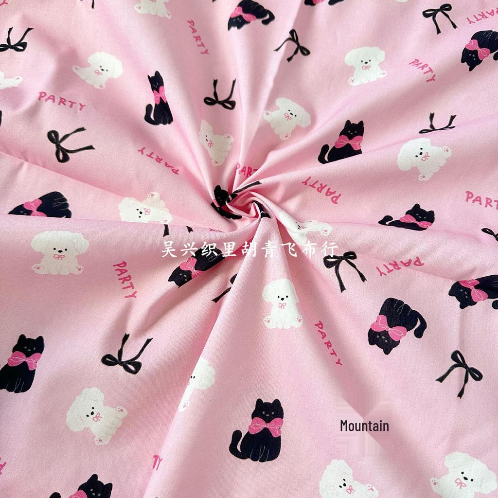 100% Cotton Digital Print Fabric: Korean-Style Kitten Bow & Floral Design for Women's, Children's, Family, and Homewear