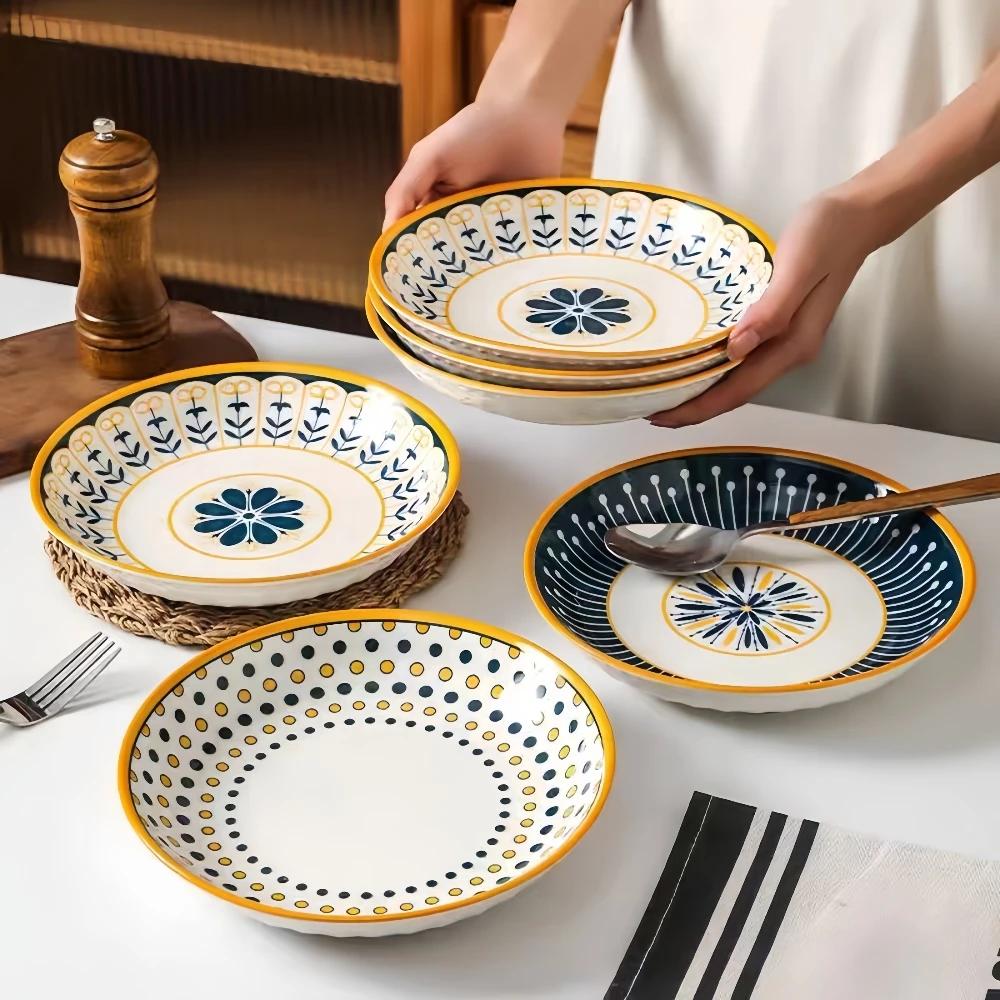 4 pièces assiettes en céramique de 8 pouces, assiettes de service pour table à manger japonaise, assiettes à salade et à pâtes avec motif en relief