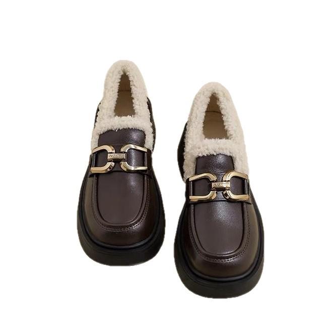 Women's Lightweight Comfortable Thick Soles Winter Warm Cold Padded Snow Boots Non-slip Wear Outdoor Leisure Sports British Style Leather Shoes