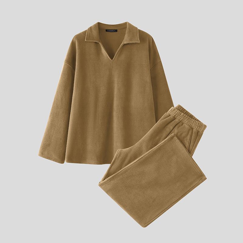 INCERUN Two Pieces Sets Winter Autumn Men Long Sleeve Furry Pullovers Long Pants Casual Outfits