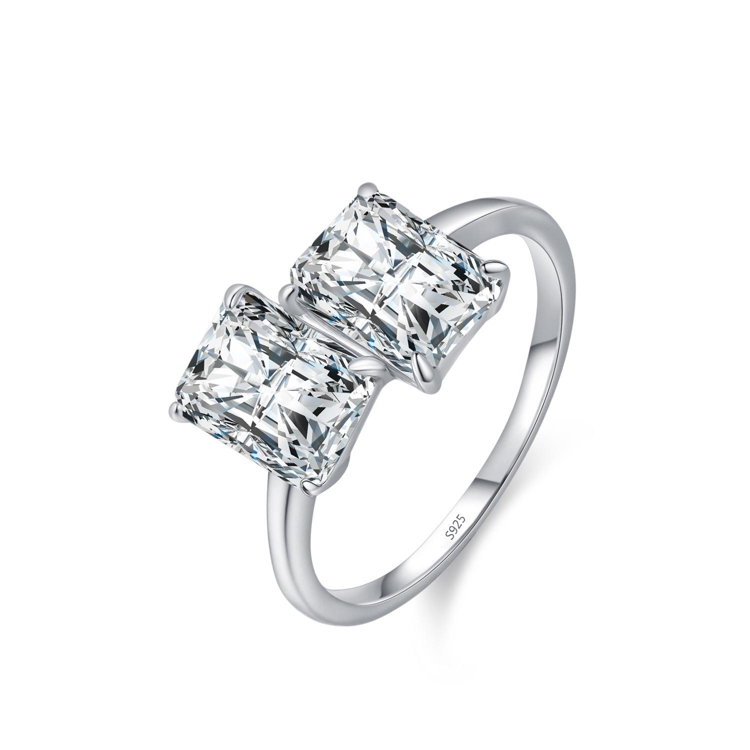 

Cross-Border S925 Sterling Silver Double Rectangle Zircon Ring - Fashionable Irregular Design for Index Finger Size 7
