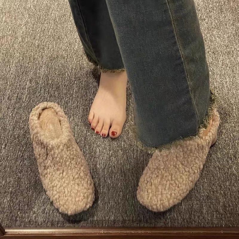 Fashion Fur Lambswool Heeled Slippers Woman Luxury Solid Color Horse Hair Round Toe Covered Toe Shoes Woman Designer Brand Casual Shoes