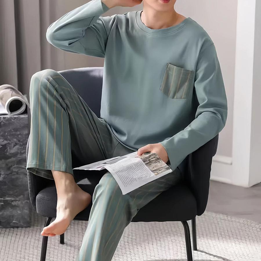 Men's Loose-Fit Pure Cotton Pajama Set: Long Sleeve Cardigan & Pants for Spring/Autumn