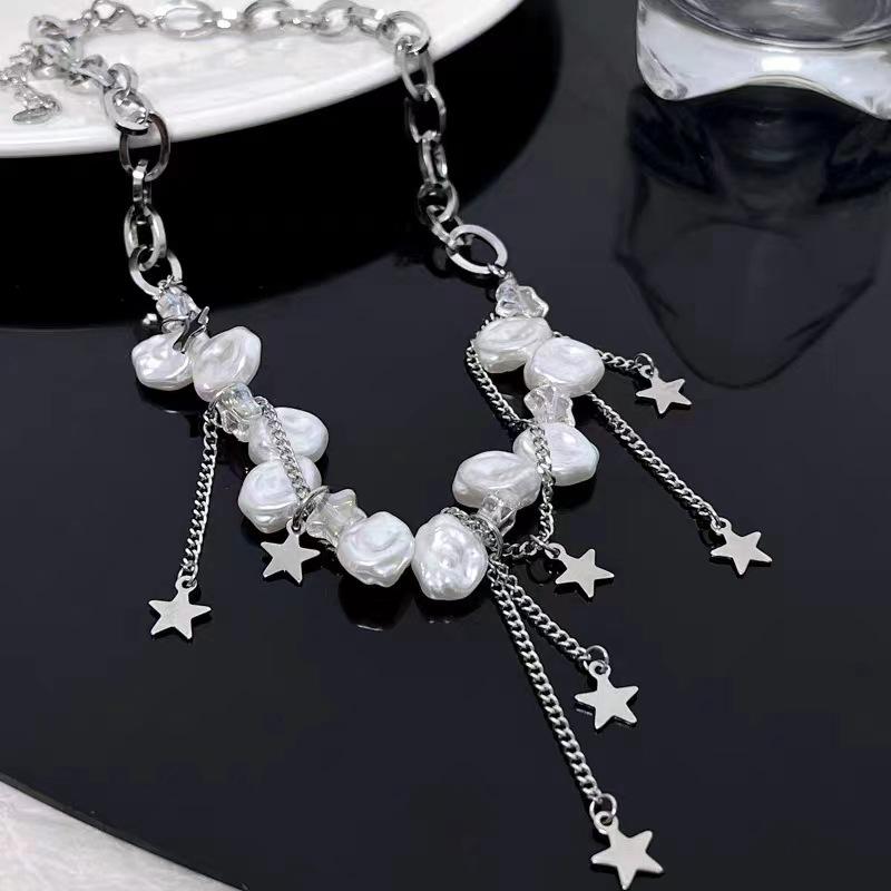 New pearl star fringe splicing necklace women's niche light luxury design temperament collarbone chain jewelry women