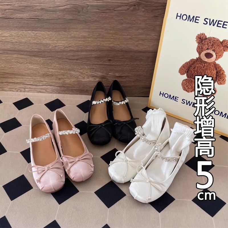 Sheepskin version small man inner height increase 5cm ballet shoes women's spring and autumn rhinestone bow light mouth satin shoes