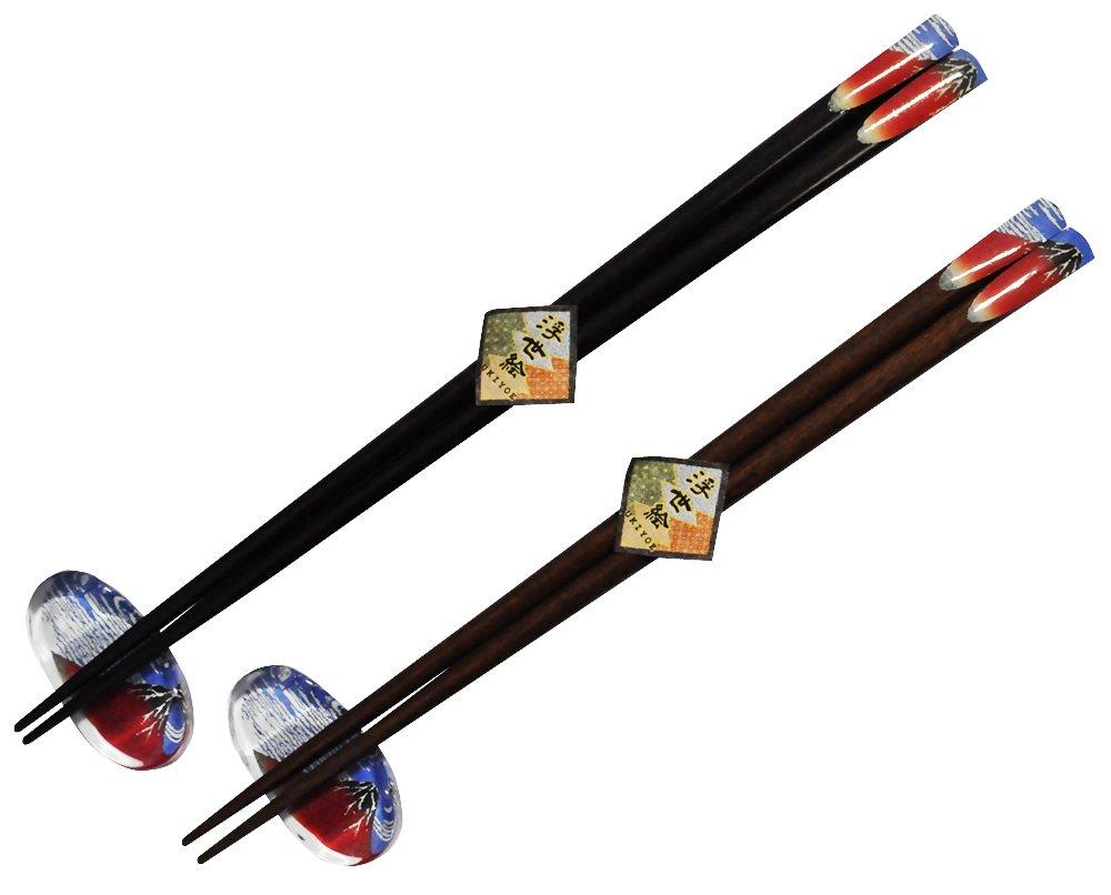 Ishida Couple Lacquered Chopsticks and Chopstick Rest Fine Clear 23cm Set of Paulownia Wood Ukiyo-e Set, Wind, Weather, & 20.5cm, 2, Box, 63057-3