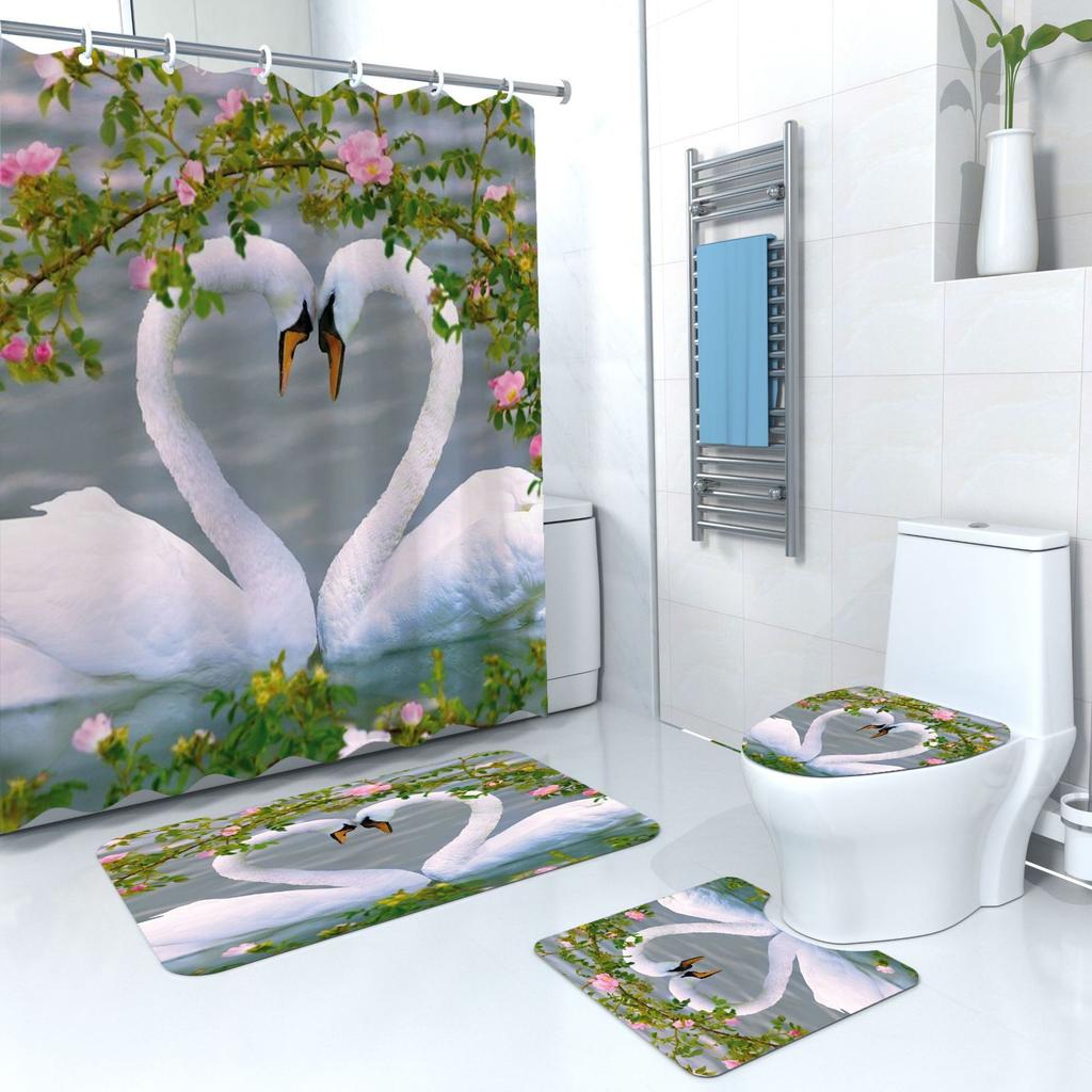 Shower Curtain Digital Printing Shower Curtain Landscape Bird Polyester Bathroom Partition Curtain Bathroom Four-Piece Set