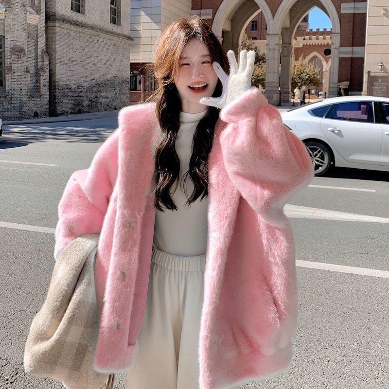 Pink Hooded Lamb Fur Integrated Cotton Clothing Women's Winter Clothing Small Thickened Imitation Mink Fur Jacket Fashion