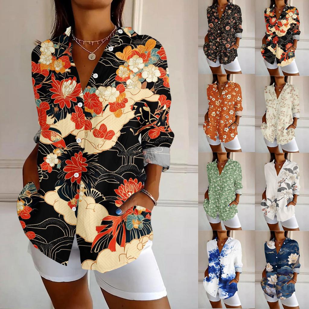 Damen Hemd mit Knöpfen Langarmhemden für Damen Druckgrafik Bluse Top