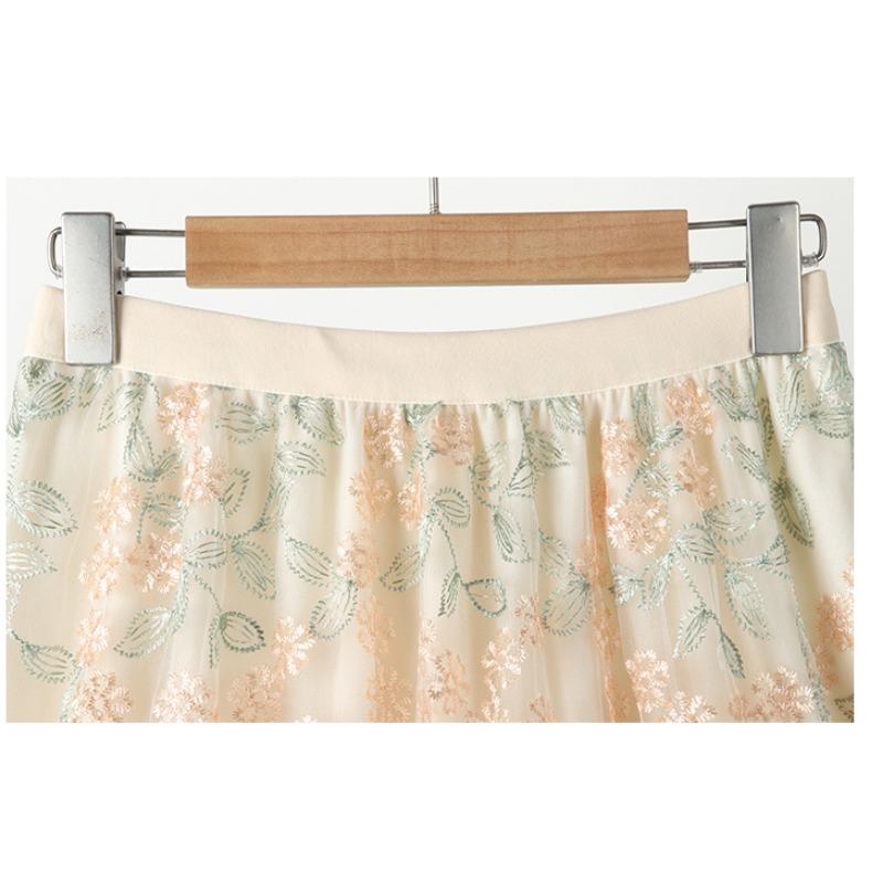 Sommer Damen Eleganter Midirock aus Mesh mit Stickerei und Blumenmuster und hoher Taille