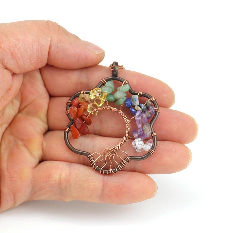 Vintage Sunflower Hand-Wound Tree of Life Necklace with Crushed Stone Crystal Pendant
