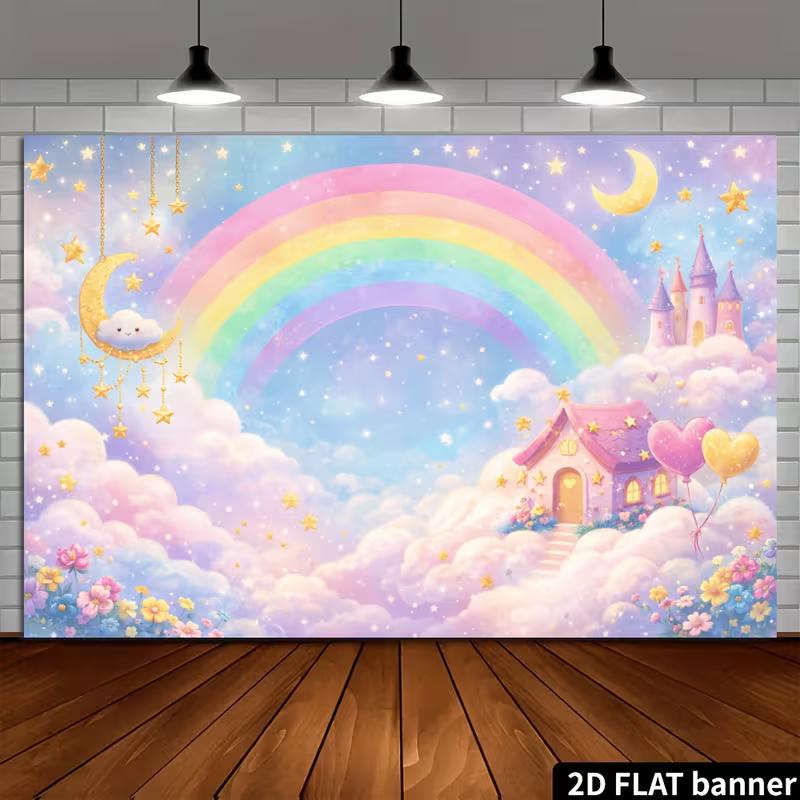 2D Rainbow Castle Baby Photo Backdrop Baby Shower Decor Cloth
