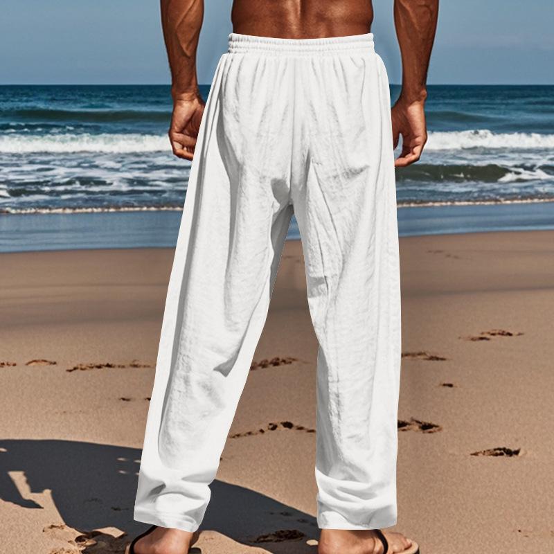 Men's Casual American Style Solid Linen Drawstring Button Straight Leg Pants for Spring and Autumn