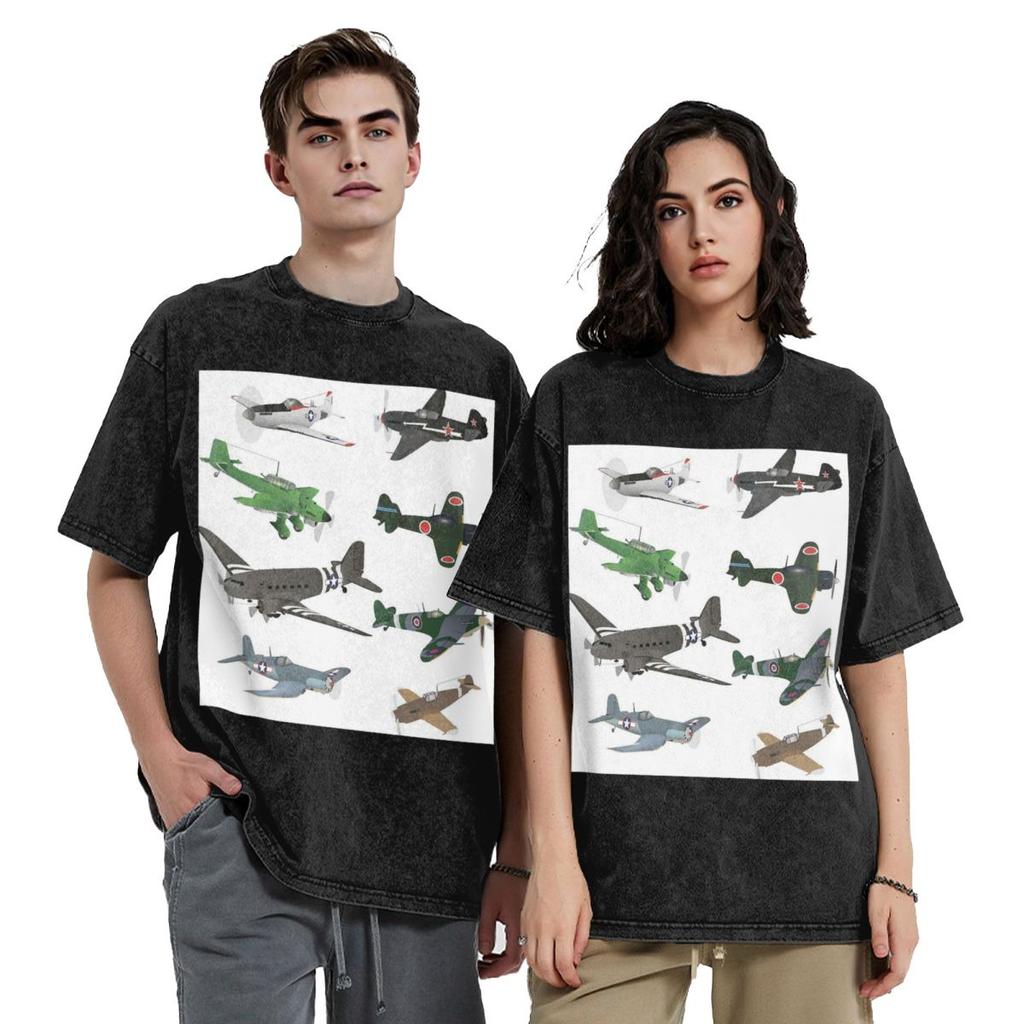Multiple WW2 Airplanes Hip Hop Short Sleeve T-Shirts Washed Tops Tees Streetwear T Shirt Printed for Men Women