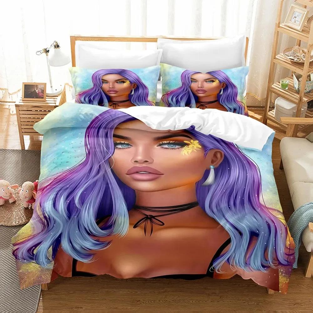 African Duvet Cover Set King Queen Size Modern Stylish Black Woman with Garland Decorative Polyester Bedding Set for Girls Women