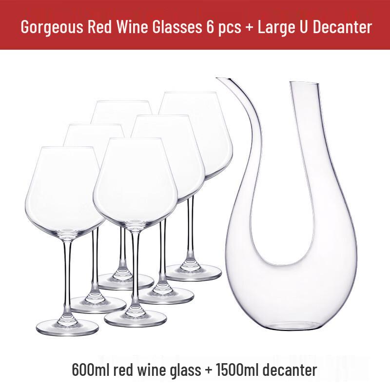 

OIMG Crystal Glass U-Shaped Wine Decanter with 6 Deluxe Wine Glasses