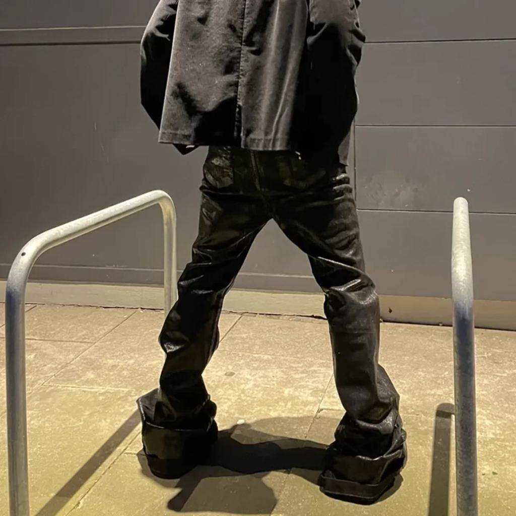 ZYLLO Streetwear Black Wax Leather Strecth Jeans for Men Ropa Hombre Baggy Y2k Flare Pants Oversized Straight Denim Trousers