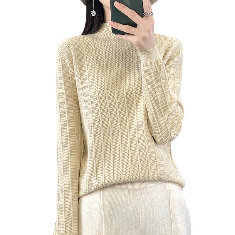 Women's Half-High Collar Knit Pullover Sweater - Slim-Fit Korean Style for Autumn and Winter