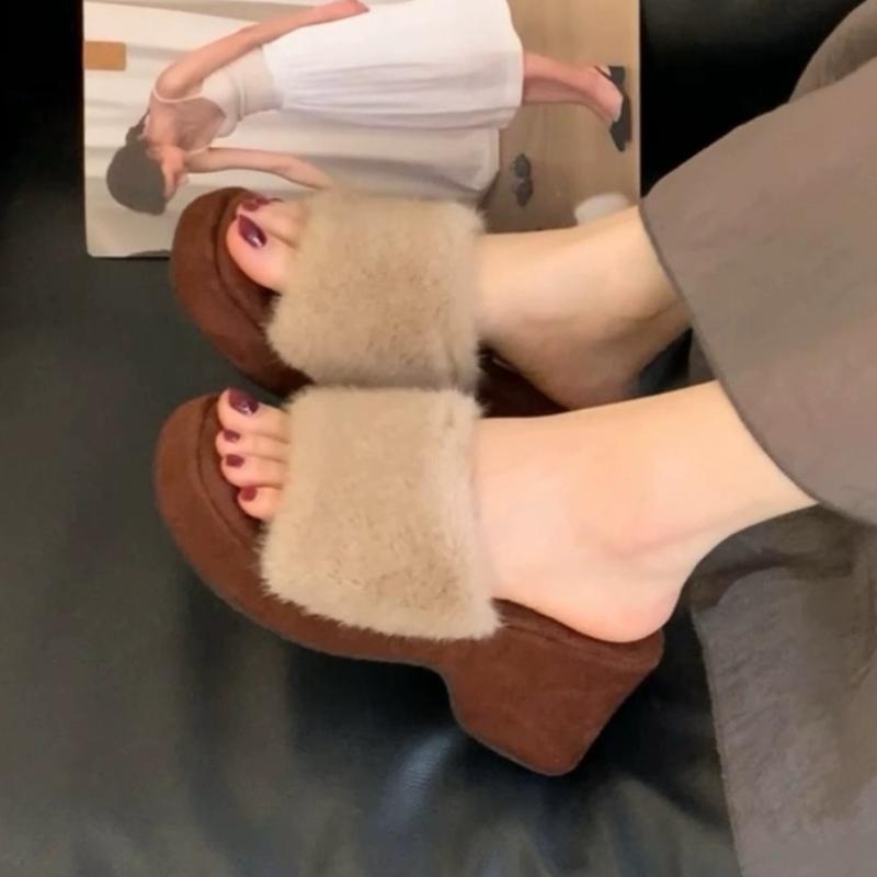 Women Wedges Platform Slippers Leopard Fur Shoes Square Toe Chunky Slingback Flip Flops 2025 Trend New Winter Slides Zapatillas
