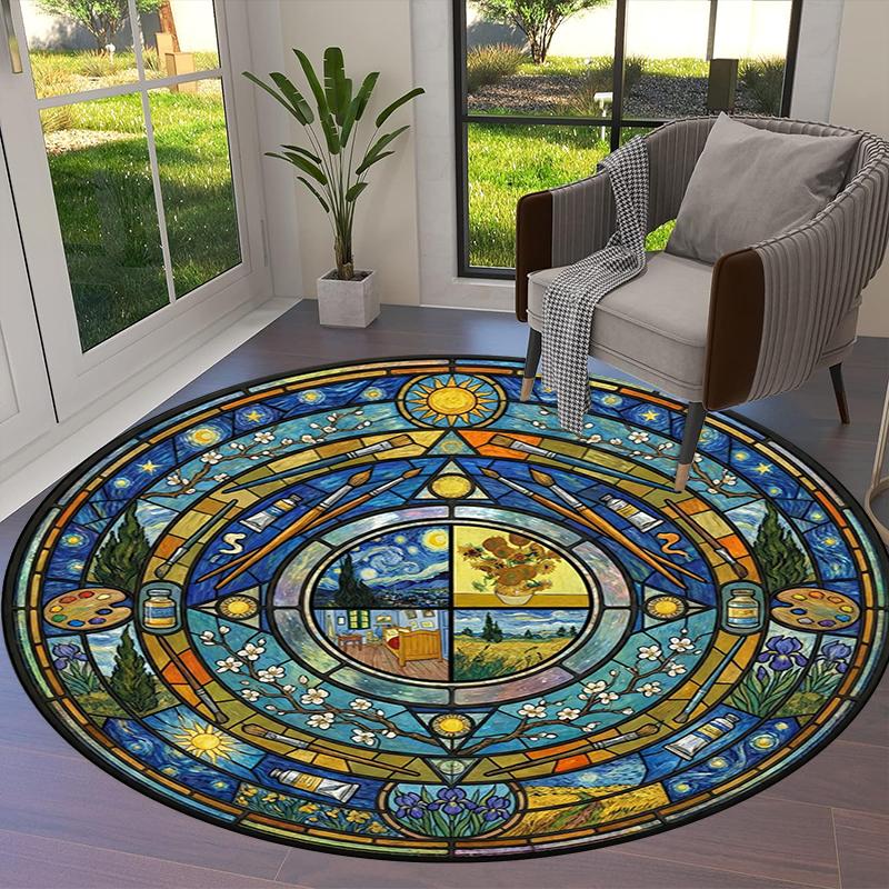 Mandala Famous Painting Round Area Rug,Carpet Rug for Living Room Bedroom Sofa Playroom Decor,Non-slip Floor Mat Q0024