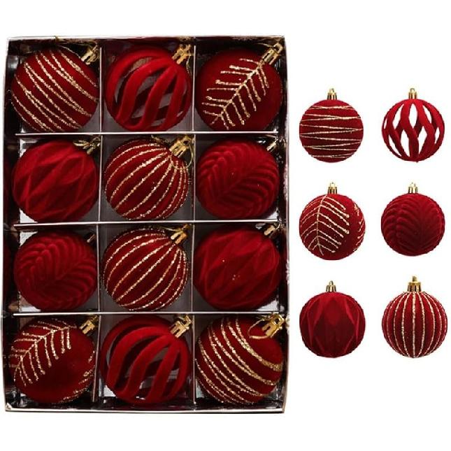 12PCS 6CM Velvet Christmas Ornaments Balls, Flocked Christmas Tree Ball Hanging Ornaments Shatterproof Xmas Bulbs For Christmas Tree