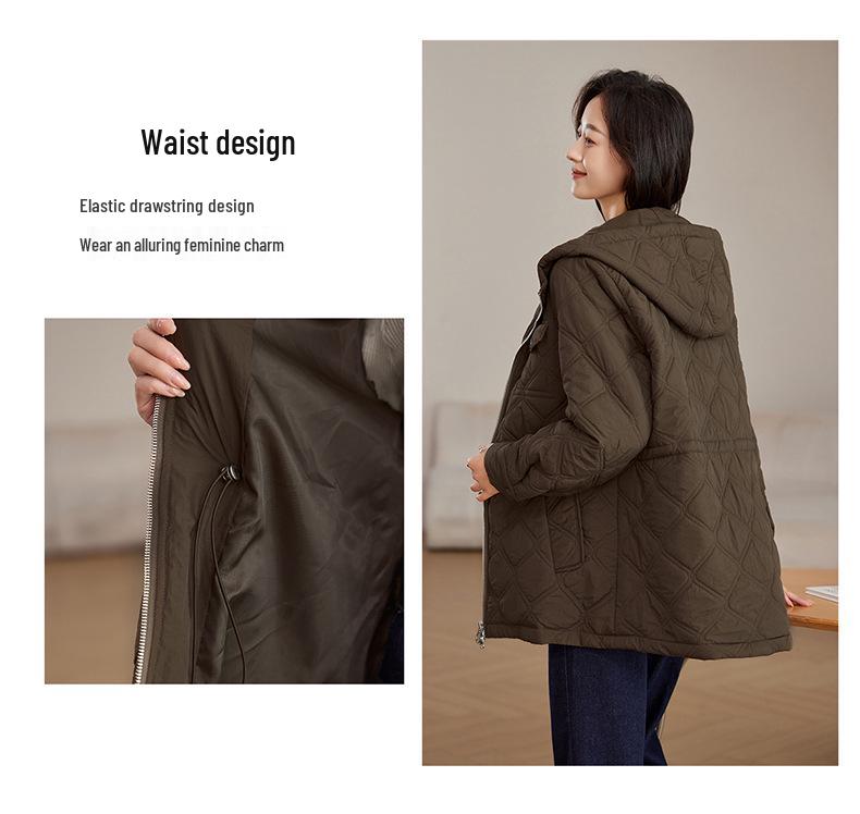 Women's Winter 2024 Hooded Cotton Coat: Mid-Length, Waist-Cinching, Slimming, Casual Style for Middle-Aged Moms.