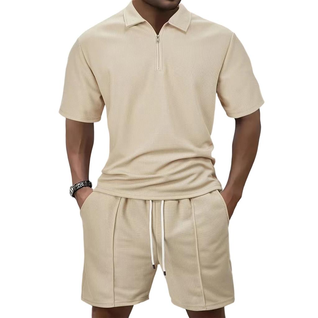 Men's  Sports  Leisure  Half  Zipper  Short  Sleeves  Shirt   And  Pull  Rope  Shorts  Set