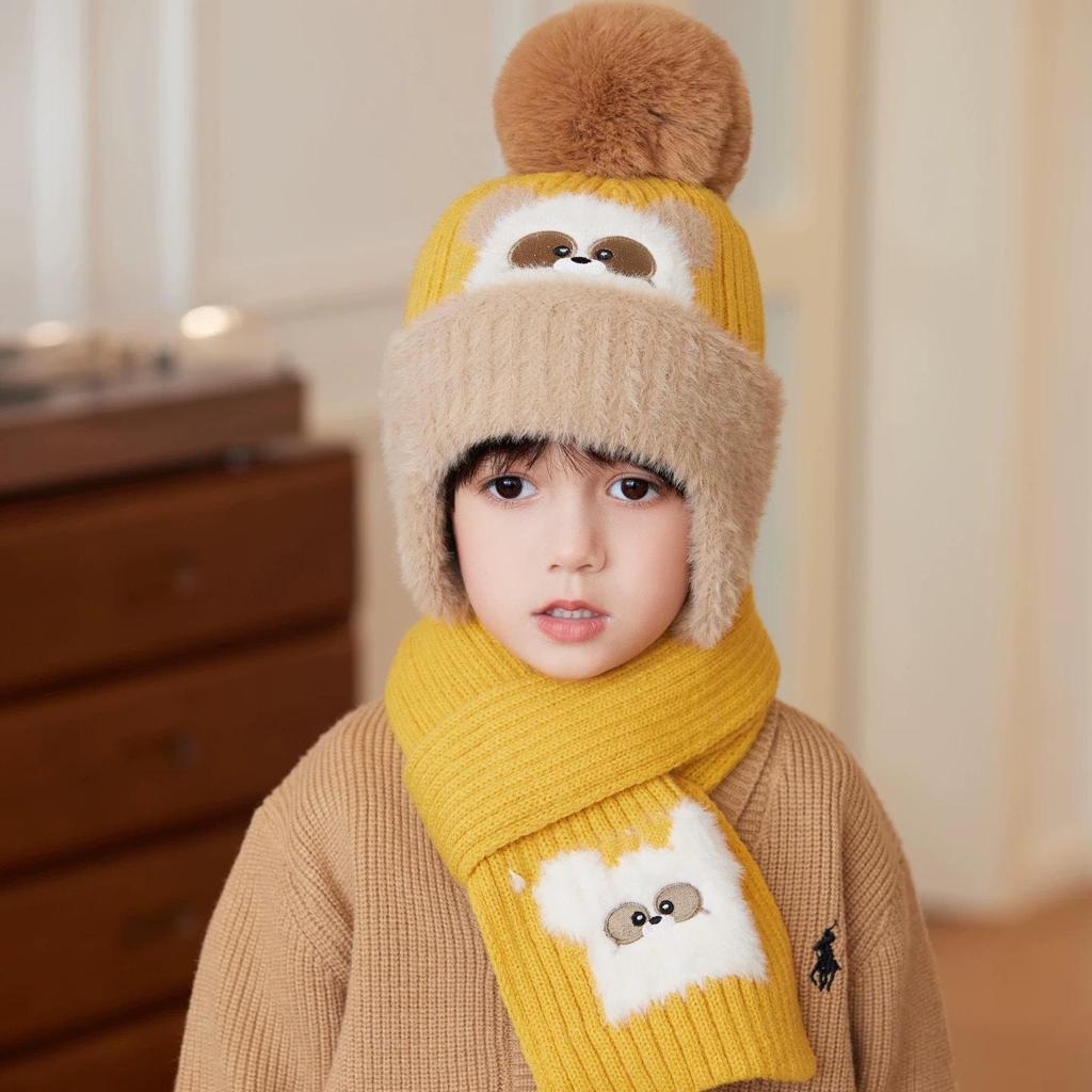 Children's Wool Hat and Scarf Set with Warm Ear Protection and Thick Baby Cartoon Pullover Cotton Lining, for Boys and Girls.