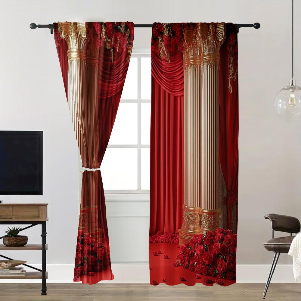 2pc    Spring Popular Curtain Red Flower Wedding Durable 100% Polyester Fabric  Without Electricity Spring Party & Holiday Decor