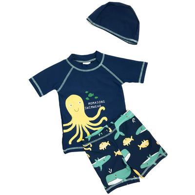 Swimsuit for Short Sleeve Rash Swimming Kids353 [Teddy] Kids, Boys, Children, Juniors, Guard, Shorts, Hat, 3-Piece Set, (70cm, Navy)