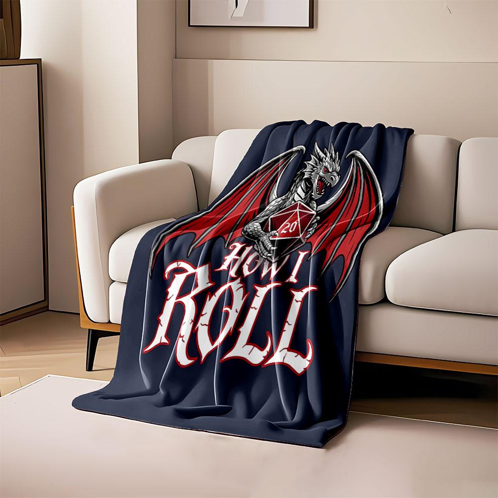 

A gray dragon with red wings holds a d20 die above How I Roll text. for all seasons blanket lunch break throw gift 80cm x 120cm