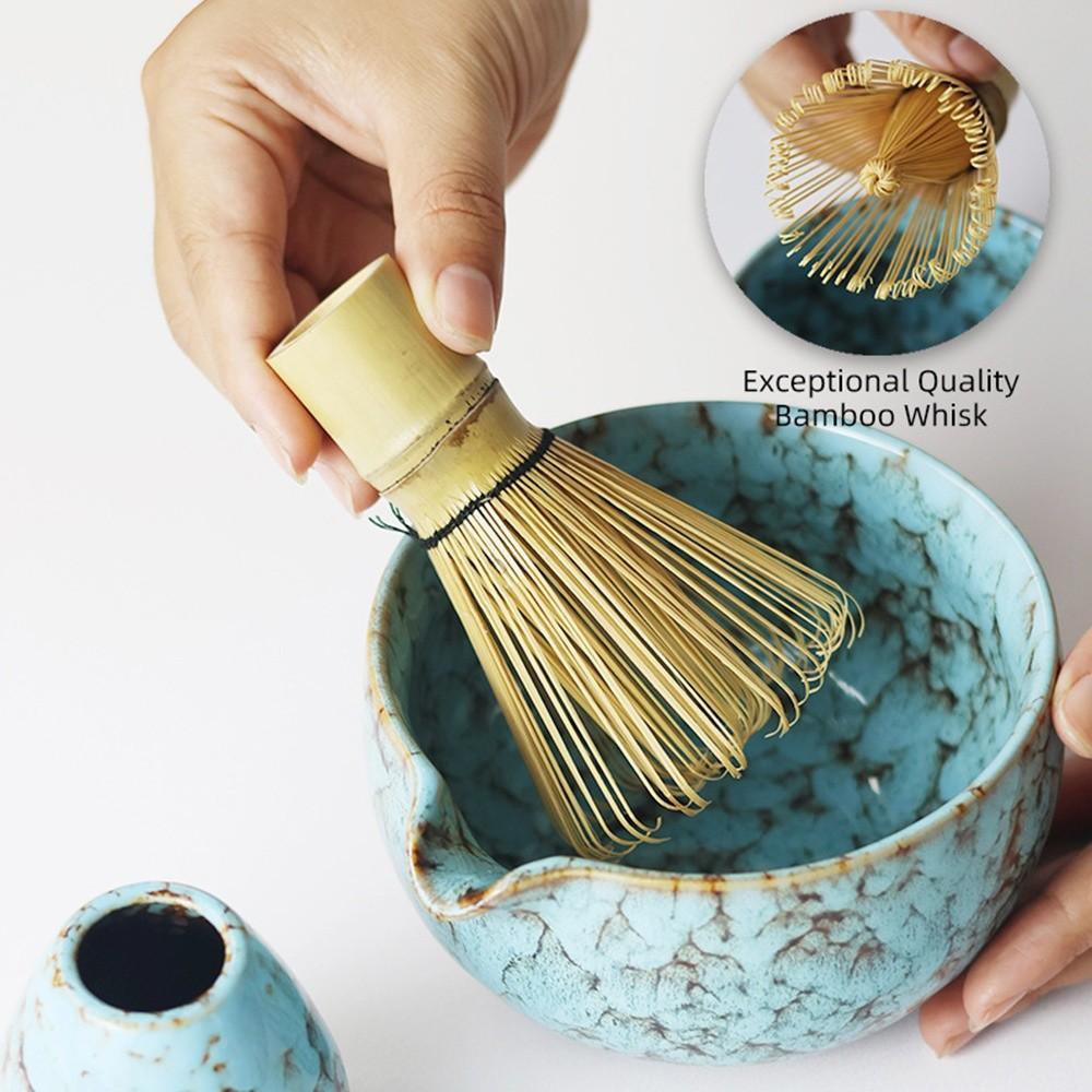 5PCS New Ceramic Bamboo Japanese Matcha Tea Set Matcha Bowl Matcha Whisk Holder Matcha Making Kit Reusable Matcha Whisk Set