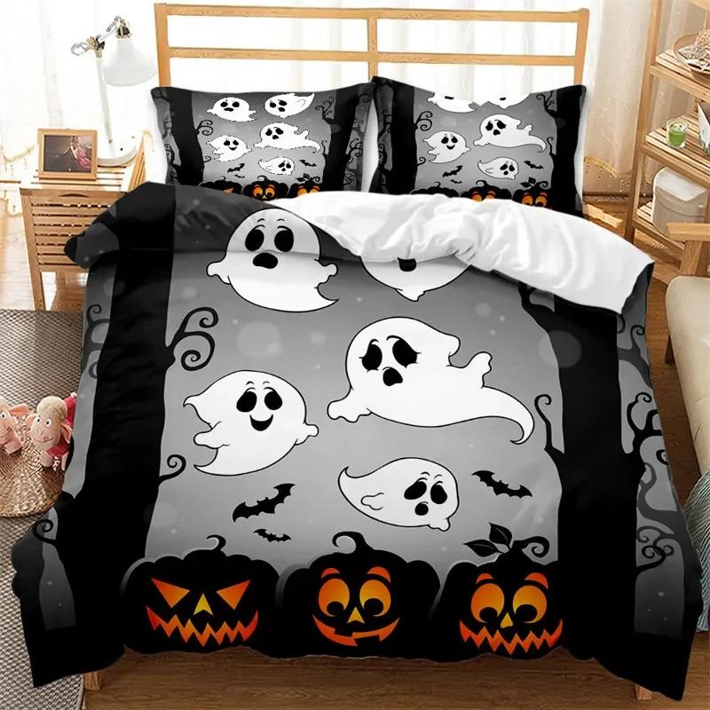 Cartoon Pumpkin Duvet Cover Gothic Halloween Skull Bedding Set Polyester Lantern Ghost Comforter Cover King For Boys Girls Decor