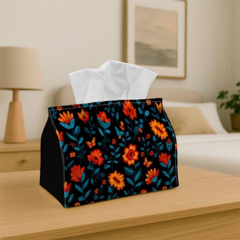 1pc Tissue Box Holder Seamless Pattern of Dark Orange and Navy Blue Flowers - Multifunctional Napkin Dispenser for Home Party Car Decor - Decorative T