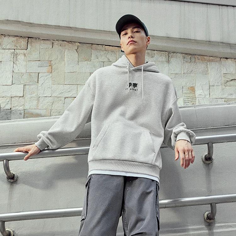 Li-Ning Embroidered Logo Loose Fleece Hoodie Unisex hoodies Floral-Gray Deep-Antarctic-Gray AWDTB61-6