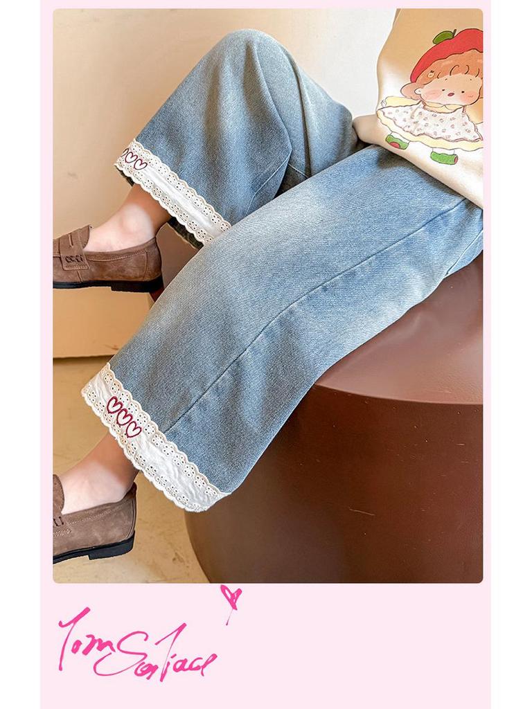 Autumn 2025 Girls' Heart Lace Straight-Leg Jeans - Children's Korean Fashion