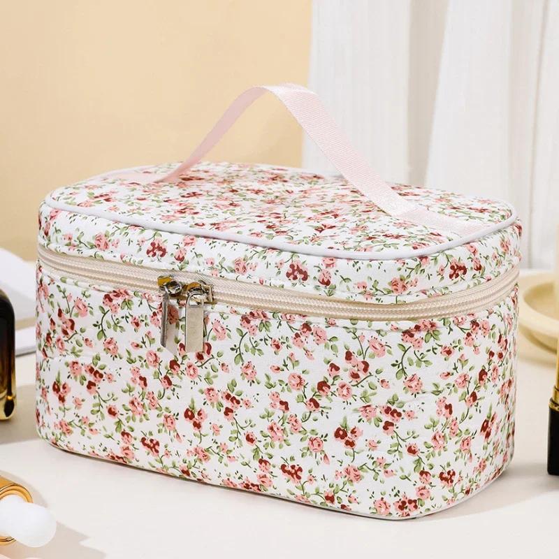 Women Cotton Makeup Bags Vintage Cosmetic Case Flower Large Capacity Tote Portable Cosmetic Storage Handbag Travel Organizer Bag