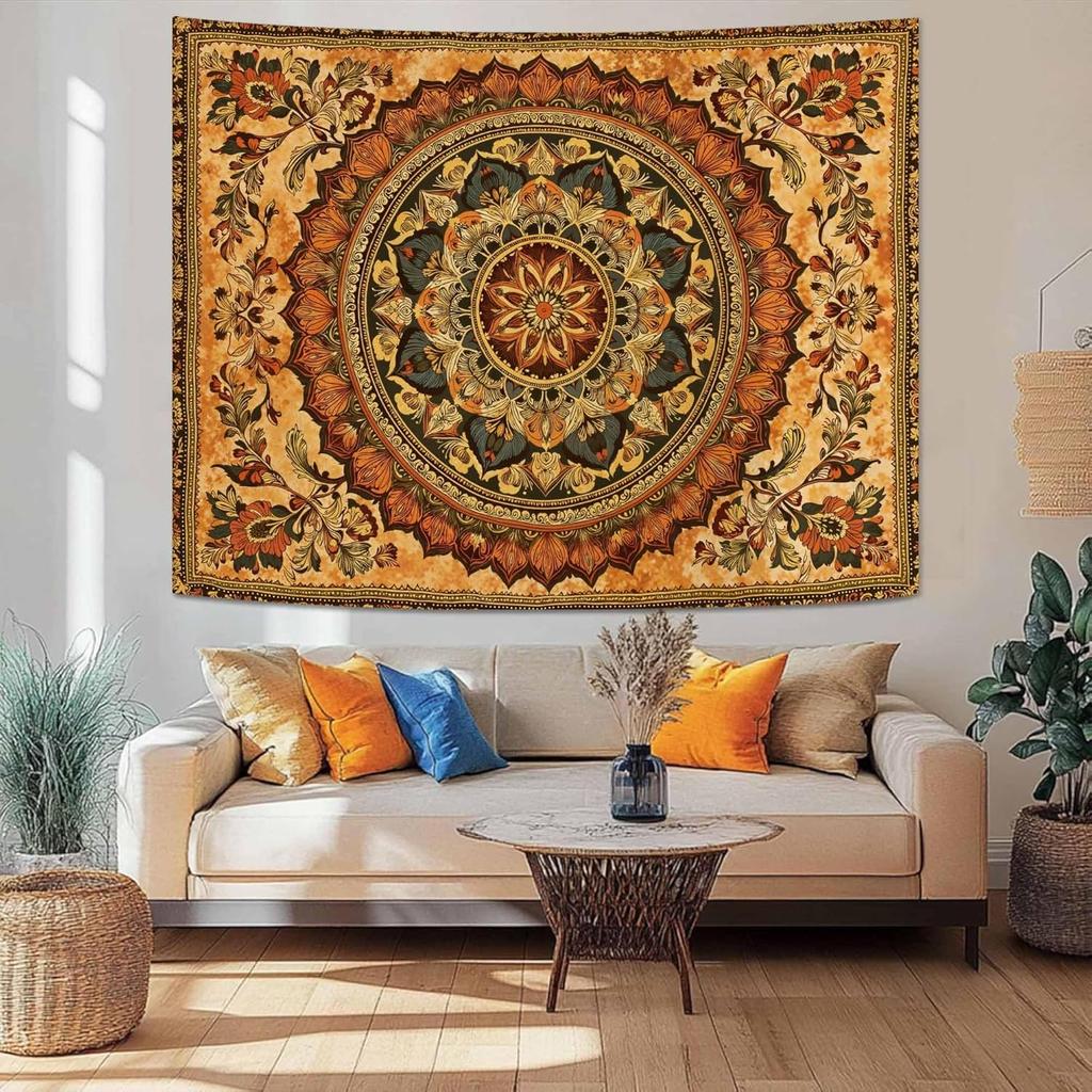 Bohemian Mandala Tapestry, Intricate Floral Design In Warm Orange & Brown Hues, Wall Art for Cozy & Eclectic Rooms