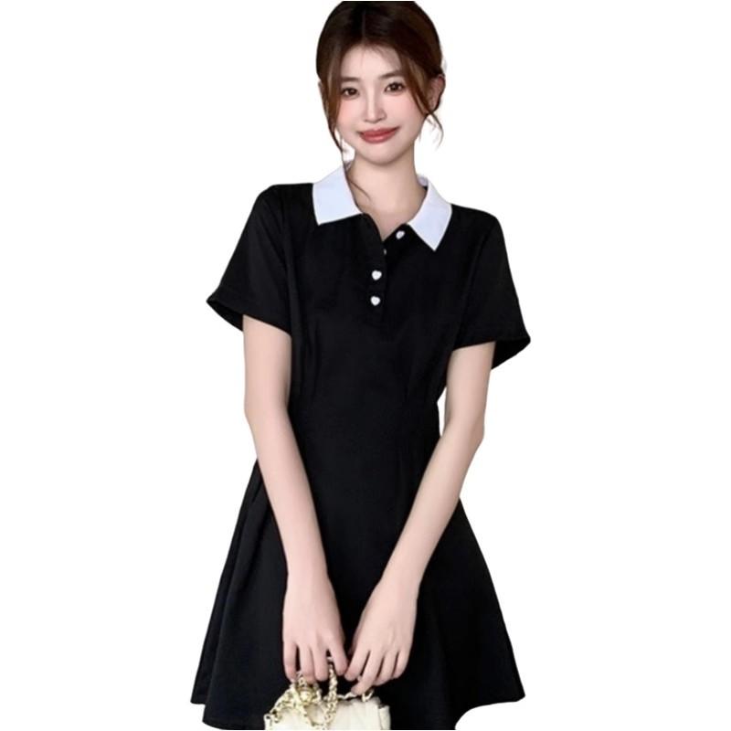 Polo collar dress women's summer new large size student small slim and thin waist A word small black skirt