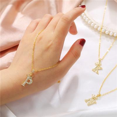 Fashion Cubic Zirconia Crown Letter Pendant Necklace Gold Hip Hop Punk Alphabet Jewelry