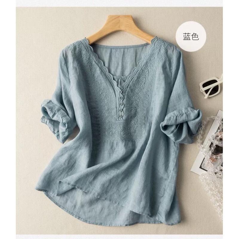 Women S Vintage Literary 3 4 Sleeve Embroidered V Neck Cotton Linen Shirt