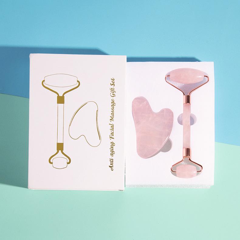 Rose Quartz Roller & Gua Sha Set with Customizable Logo - Natural Jade Face and Eye Massager