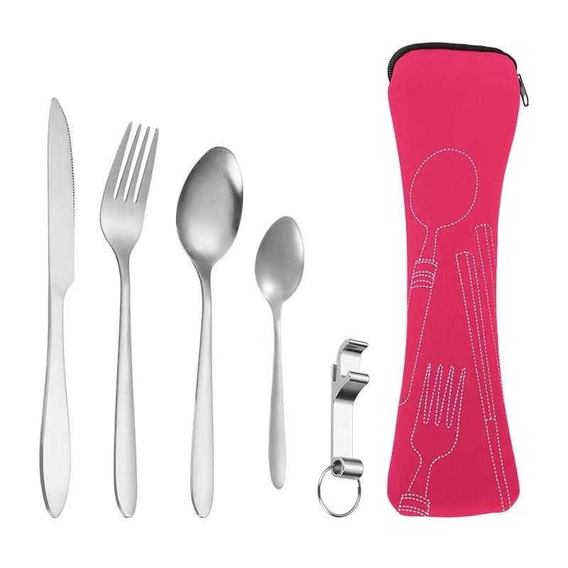 Tragbares Edelstahl-Besteckset - 5-teiliges Reisebesteck mit Messer, Gabel, Löffel und kleinem Löffel für Camping & Outdoor