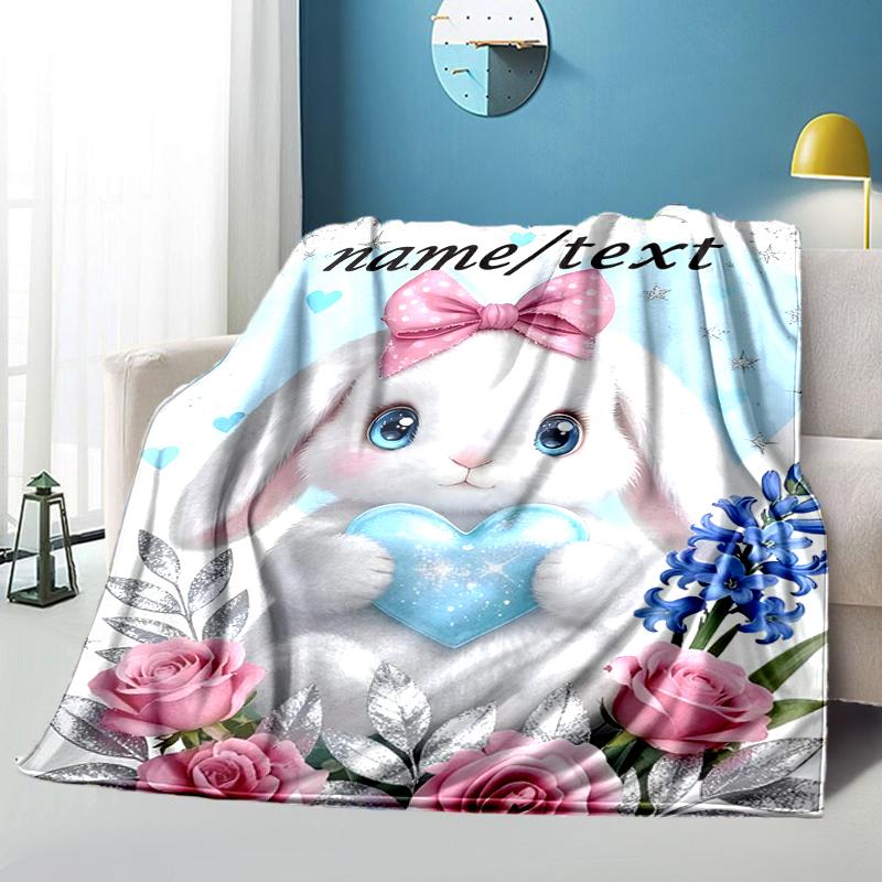 1PC Custom Name Cute Bunny Heart Outdooor Flannel Blankets Throw Blanket All-Season Throw Gift Bedspread for Couch, Bed, Camping Holiday Birthday Gift