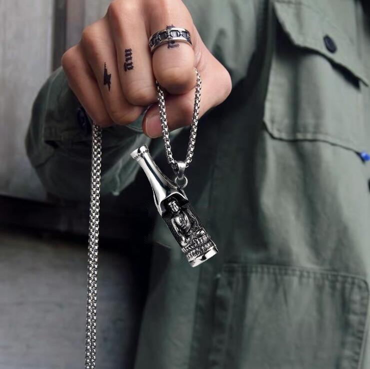 Vintage Hip-Hop Style Wine Bottle Buddha Shape Titanium Steel Necklace, Wine Bottle Necklace